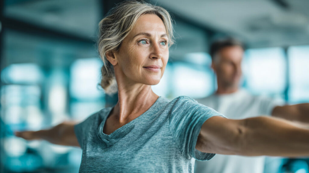 Vrouw voert een balansoefening uit tijdens fysiofitness onder professionele begeleiding.