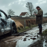 Auto met stormschade langs een modderige weg in Limburg wordt gecontroleerd.