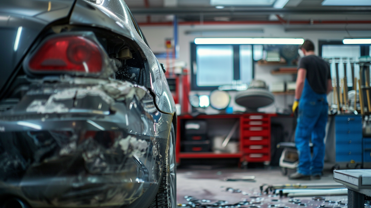 Beschadigde auto wordt hersteld in een schadeherstelwerkplaats in Limburg.
