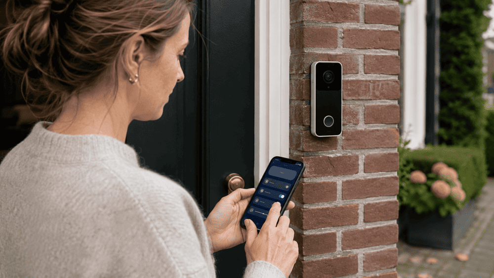 vrouw bedient haar slimme intercoms voor privacy
