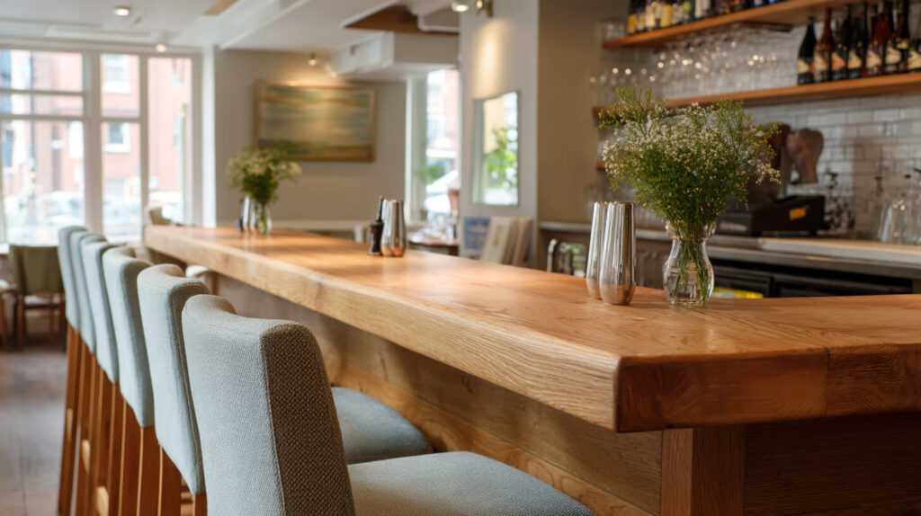 Eikenhouten bar met grijsblauwe barstoelen, een vaas met veldbloemen en een schap met glazen in een restaurant