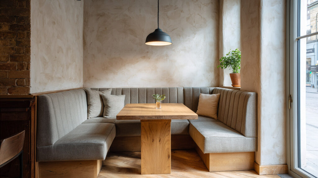 Hoekbank met grijze gestoffeerde zitting en eikenhouten tafel onder een zwarte hanglamp in een horecahoek met gestuukte wand