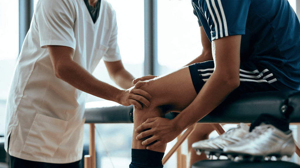 Fysiotherapeut onderzoekt de knie van een voetballer in een praktijk