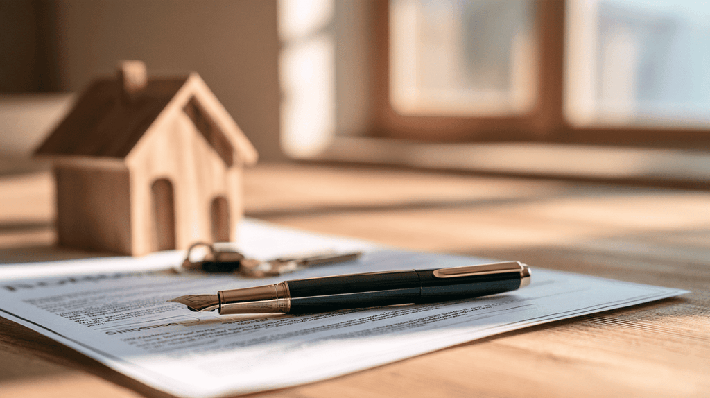 Ondertekende leveringsakte met pen, huismodel en sleutels op een bureau